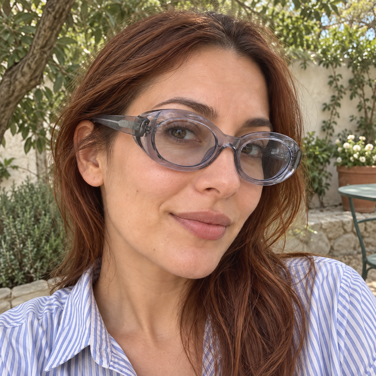Iris crystal slate acetate eyeglasses, lifestyle wearing photo