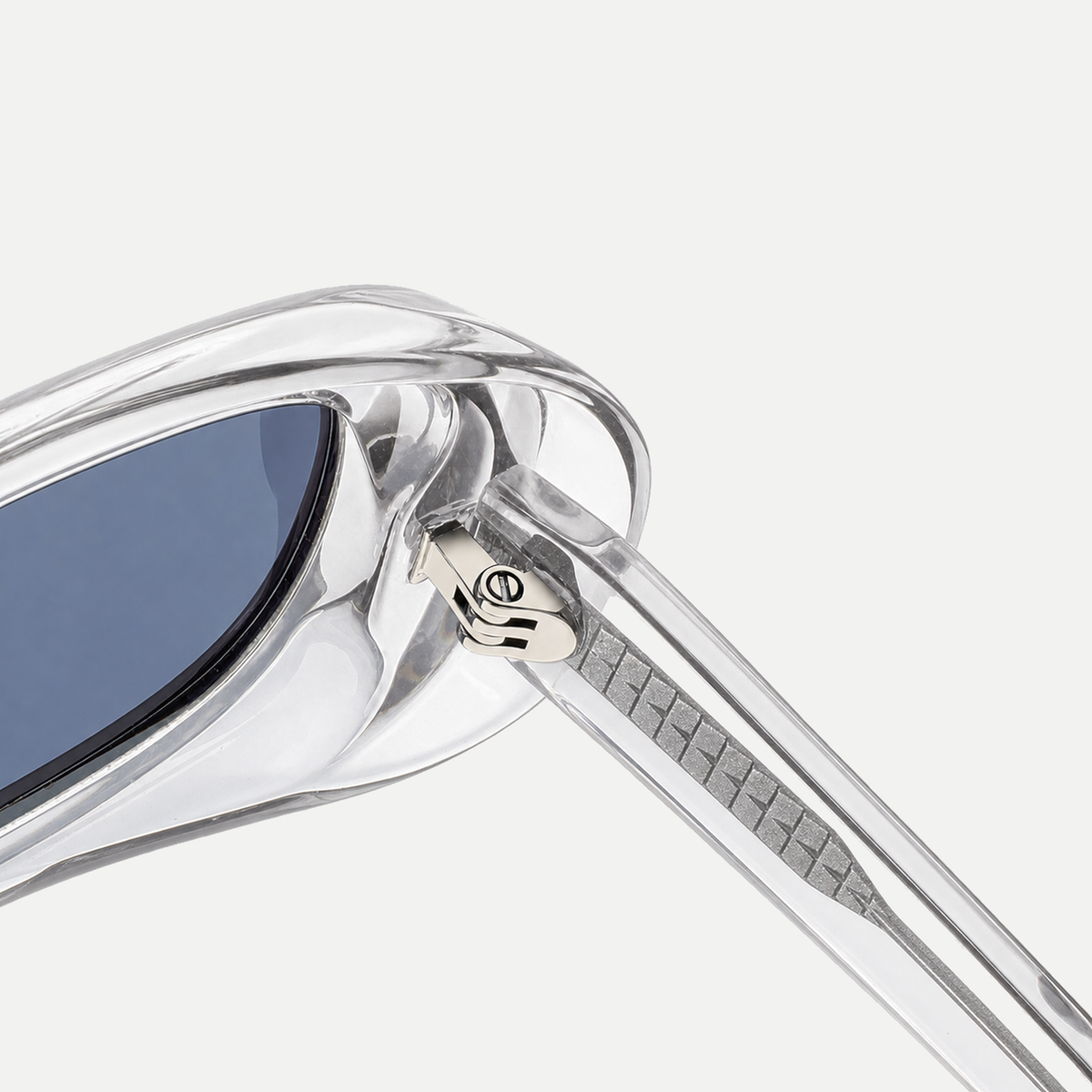 Jade crystal clear / slate blue sunglasses, frame detail