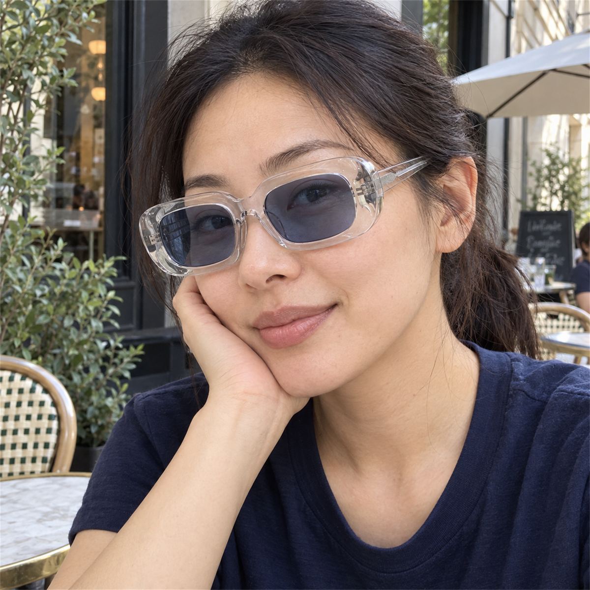 Jade crystal clear / slate blue sunglasses, lifestyle view