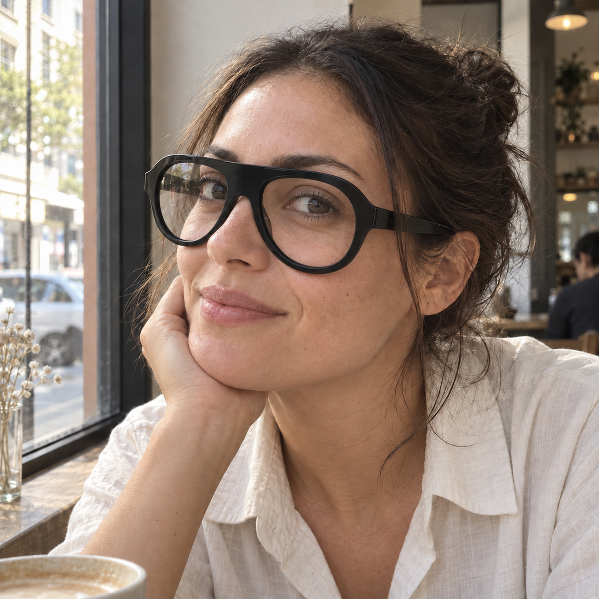 Livia black acetate eyeglasses, lifestyle wearing photo