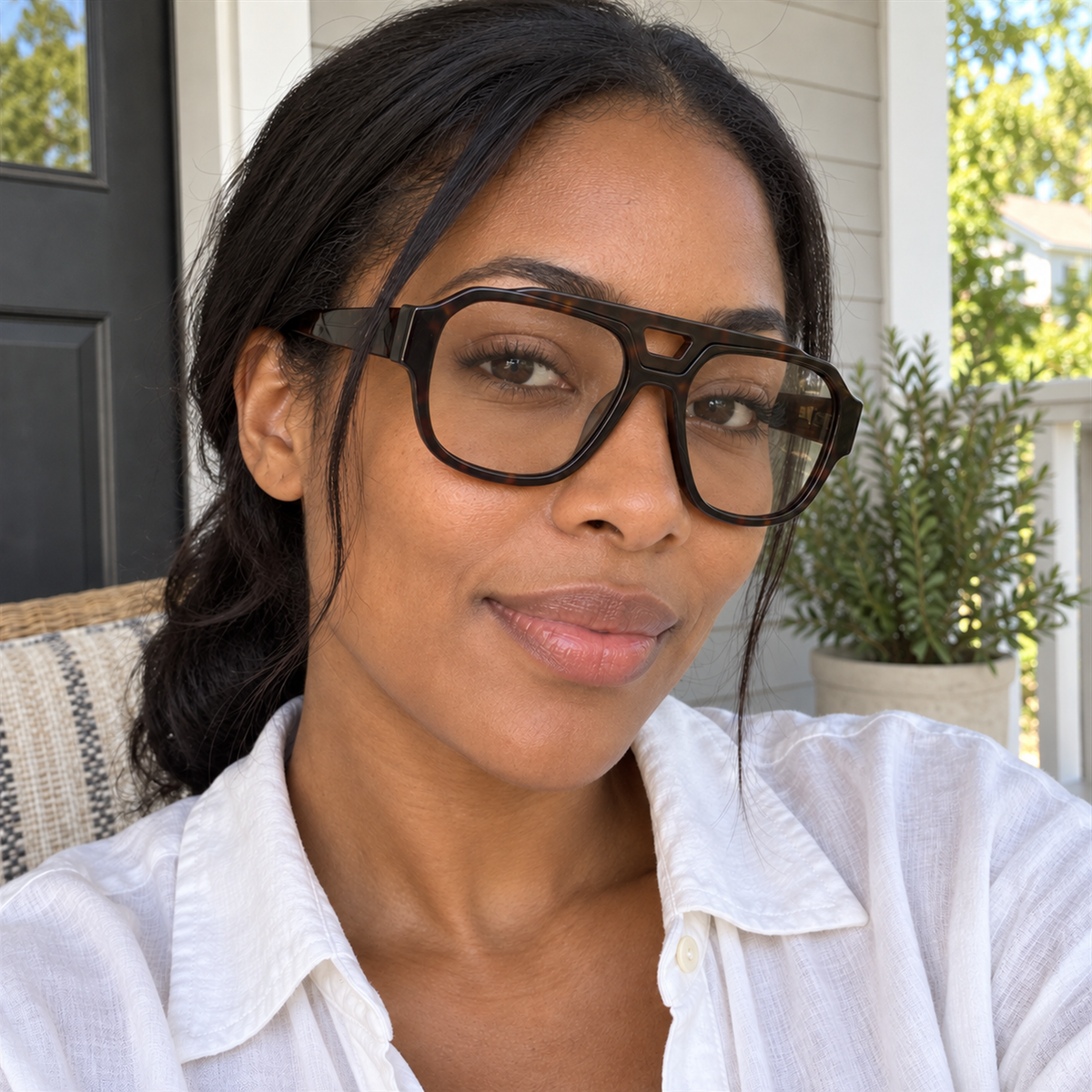 Freya dark tortoise acetate eyeglasses, lifestyle wearing photo