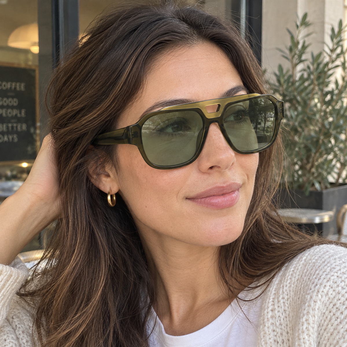 Phoenix crystal olive / green sunglasses, lifestyle view