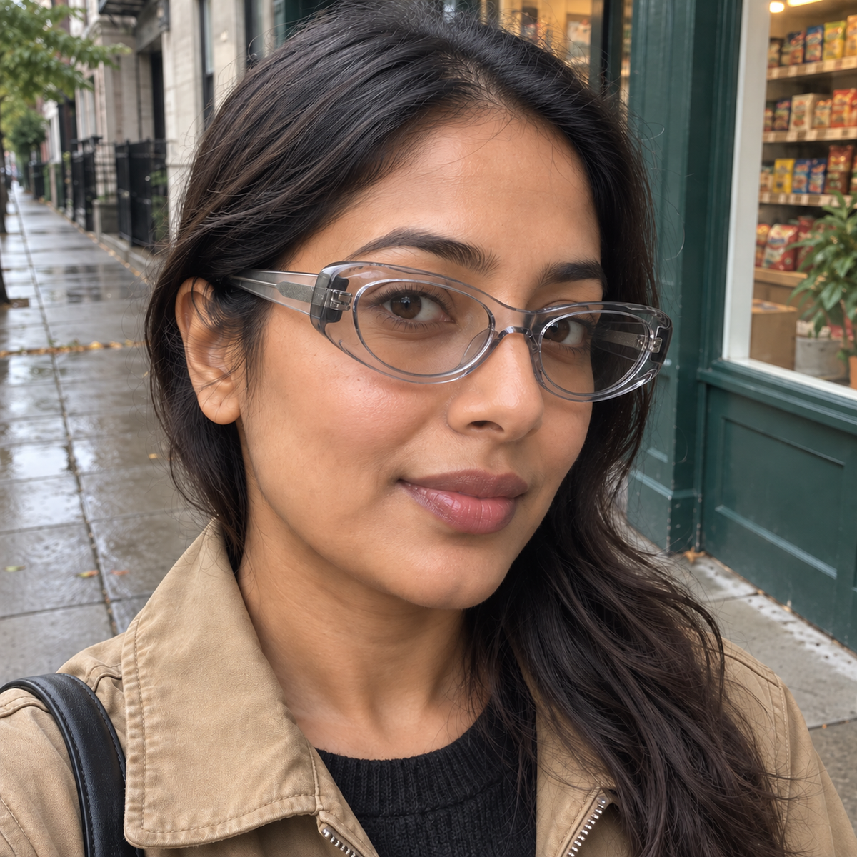 Daria crystal gray acetate eyeglasses, lifestyle wearing photo