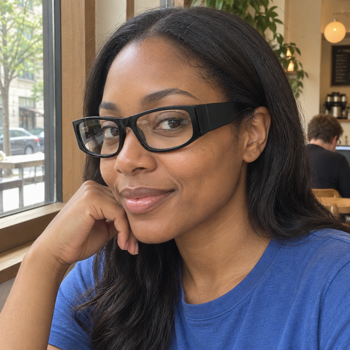 Flora black acetate eyeglasses, lifestyle wearing photo