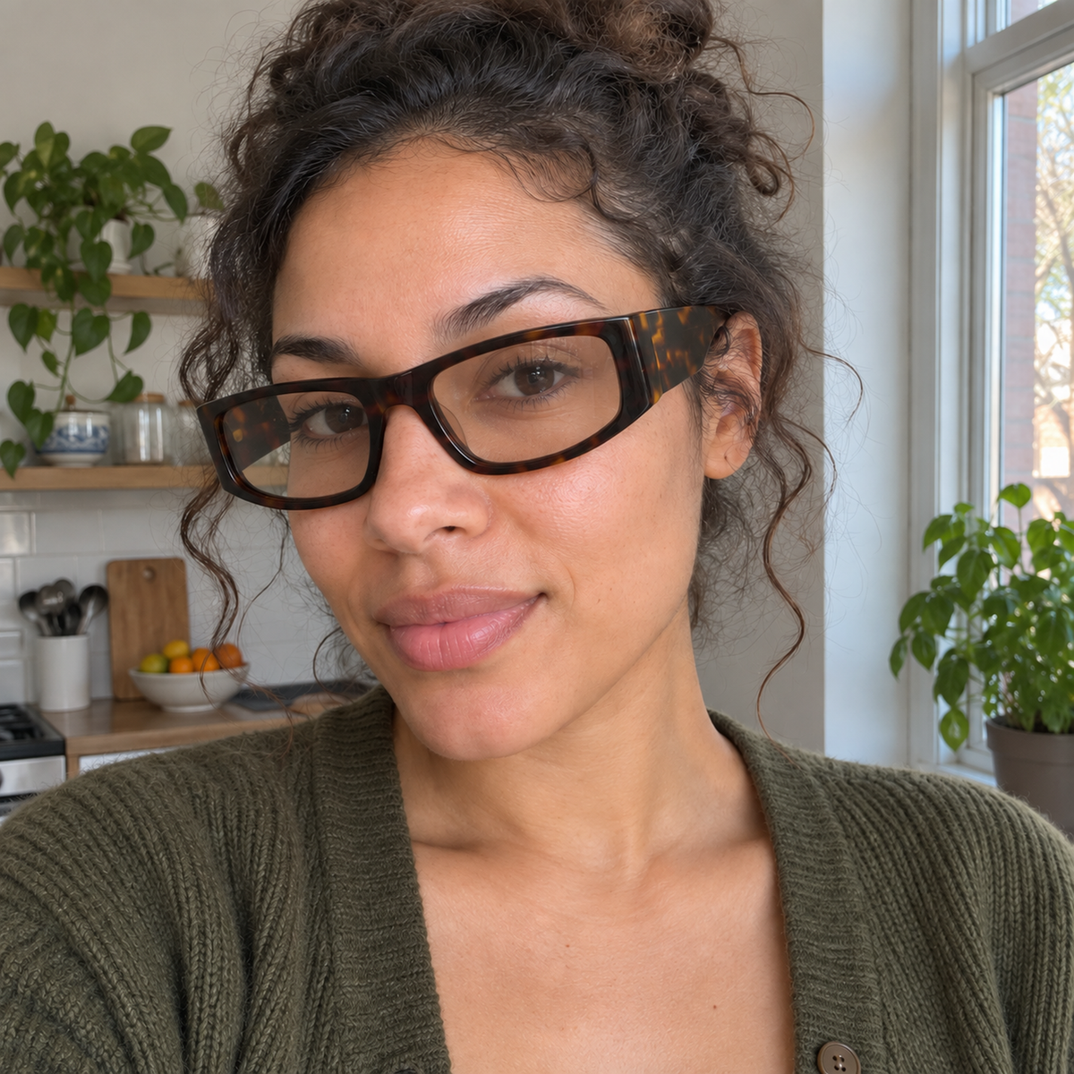 Flora dark tortoise acetate eyeglasses, lifestyle wearing photo
