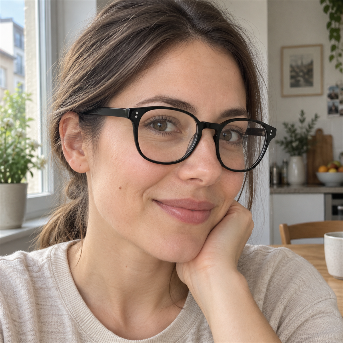 Delphine black acetate eyeglasses, lifestyle wearing photo