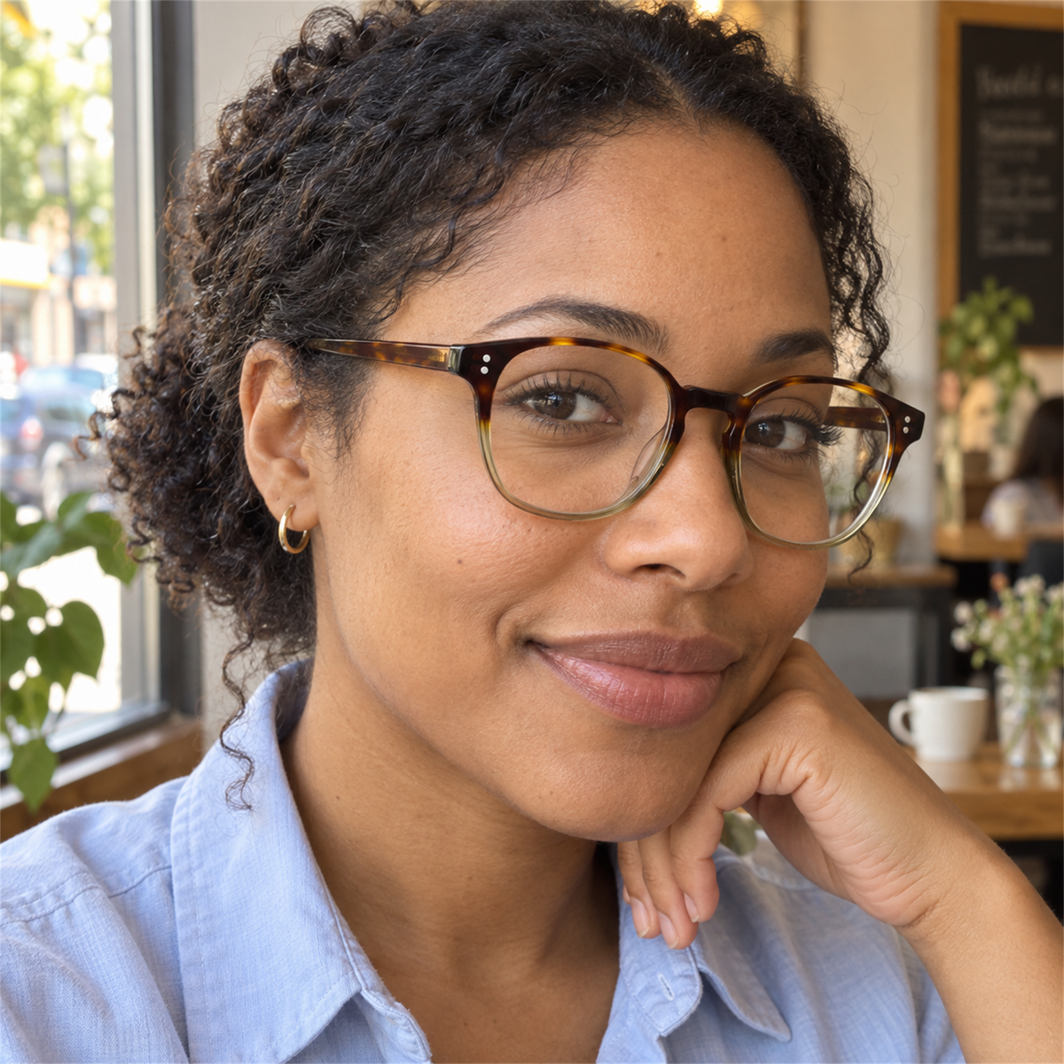Delphine dark tortoise acetate eyeglasses, lifestyle wearing photo
