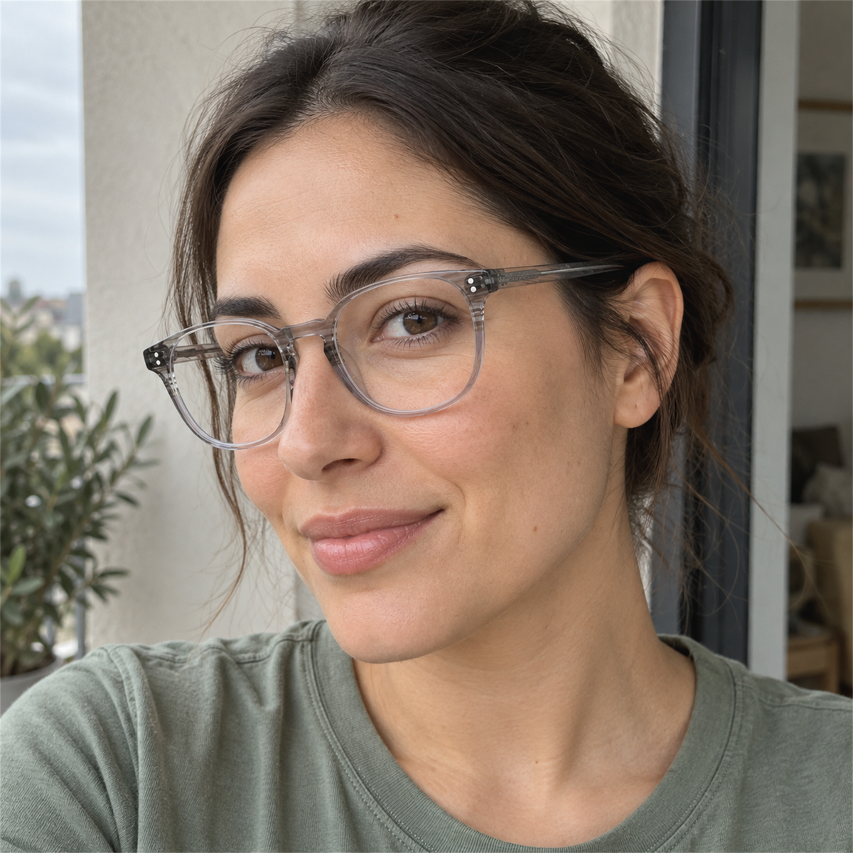 Delphine crystal gray acetate eyeglasses, lifestyle wearing photo