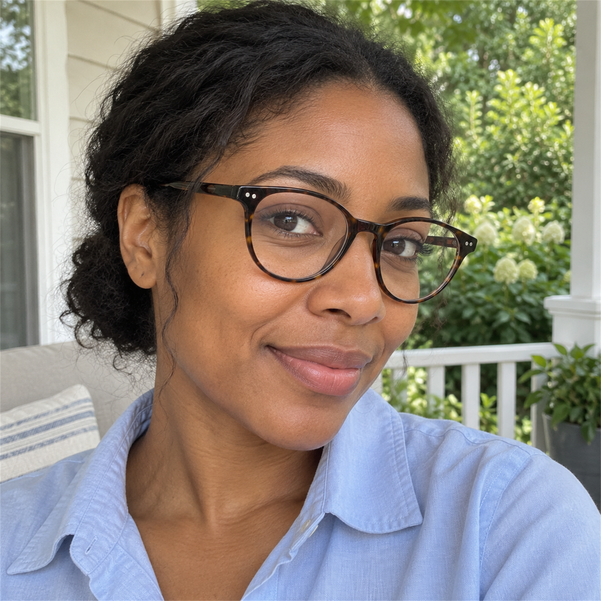 Sabine tortoise acetate eyeglasses, lifestyle wearing photo