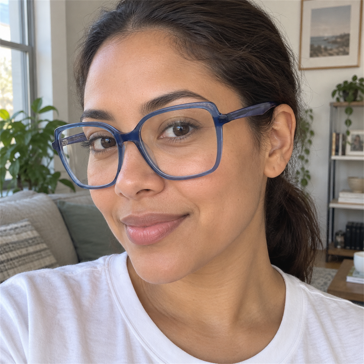 Lucille crystal blue acetate eyeglasses, lifestyle wearing photo