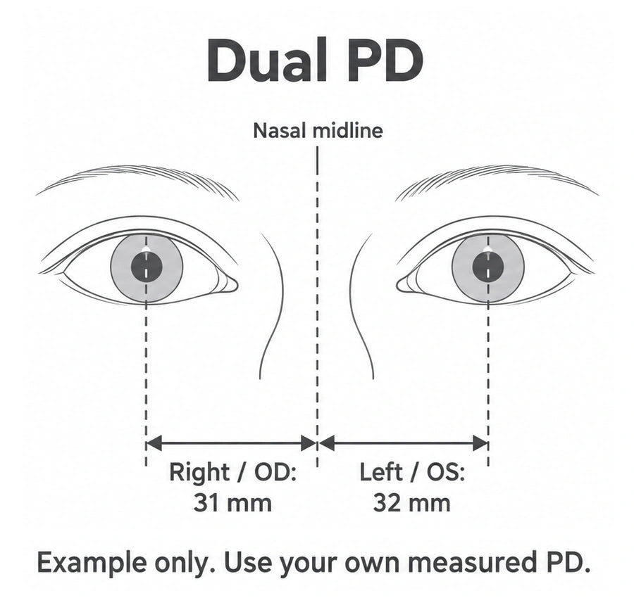 Example only: Right / OD 31 mm on the viewer's left; Left / OS 32 mm on the viewer's right. Use your own measured PD.
