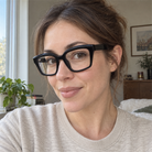 Tessa black acetate eyeglasses, lifestyle wearing photo
