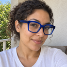 Tessa cobalt blue acetate eyeglasses, lifestyle wearing photo