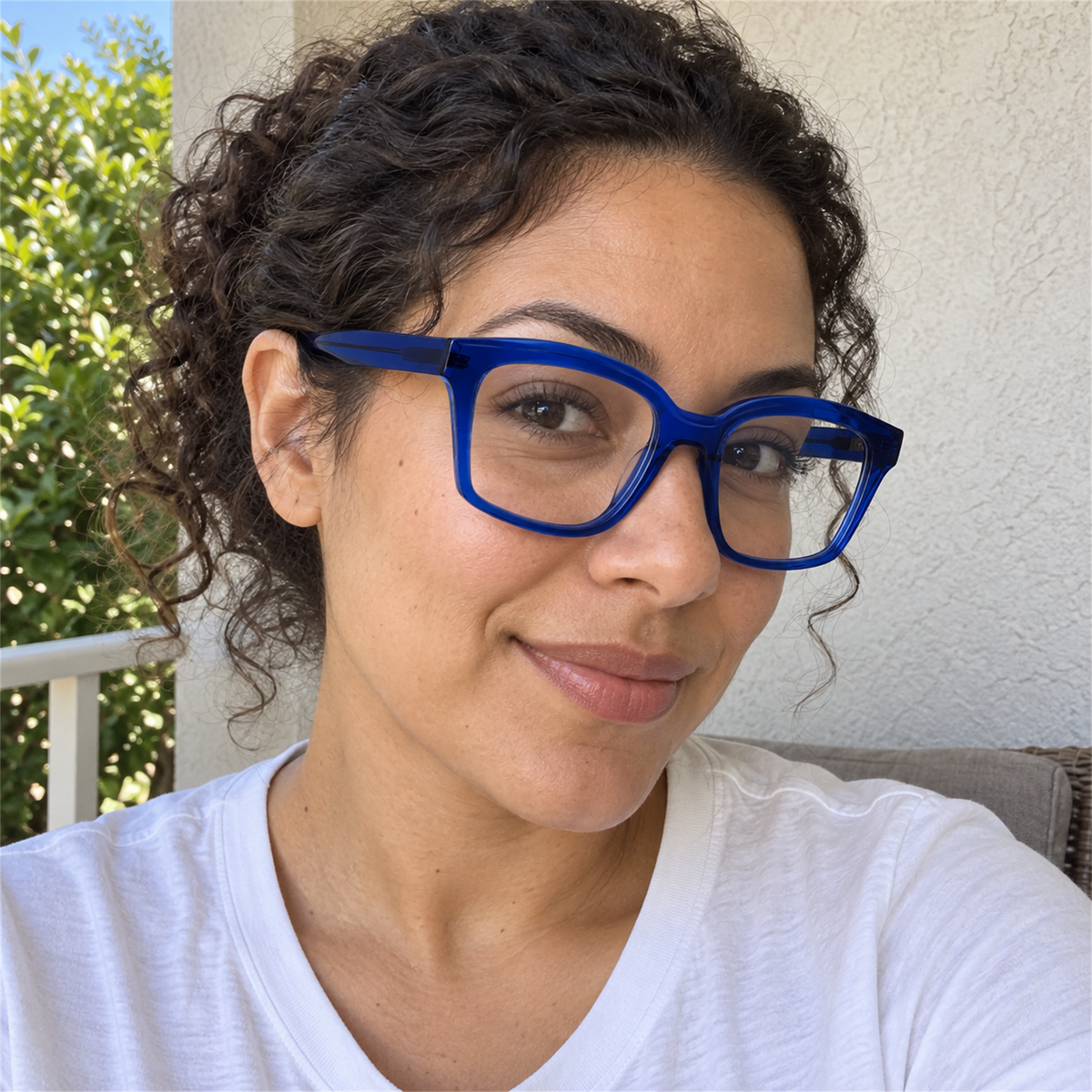 Tessa cobalt blue acetate eyeglasses, lifestyle wearing photo