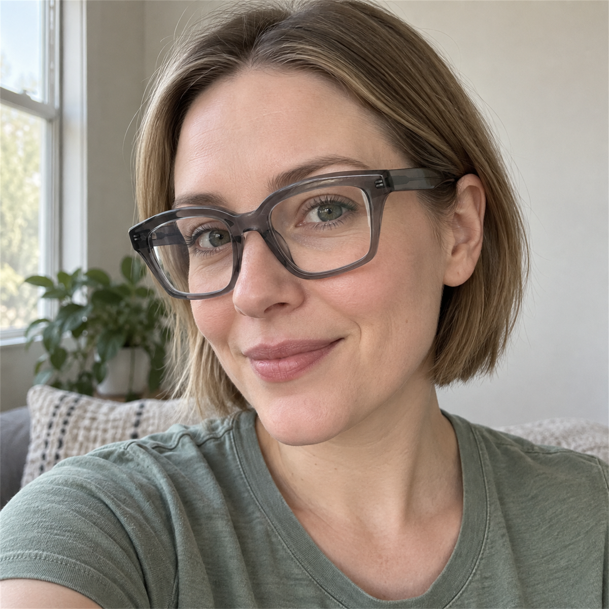 Tessa smoke gray acetate eyeglasses, lifestyle wearing photo