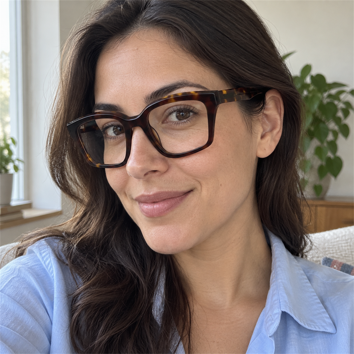 Tessa dark tortoise acetate eyeglasses, lifestyle wearing photo