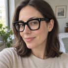 Greta black acetate eyeglasses, lifestyle wearing photo