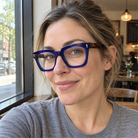 Greta navy blue acetate eyeglasses, lifestyle wearing photo