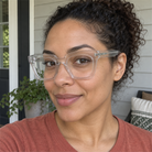 Greta crystal clear acetate eyeglasses, lifestyle wearing photo
