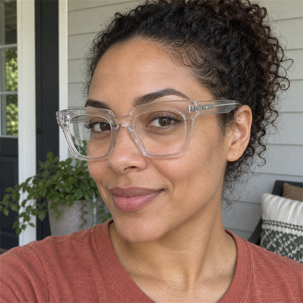 Greta crystal clear acetate eyeglasses, lifestyle wearing photo