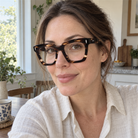 Greta tortoise acetate eyeglasses, lifestyle wearing photo