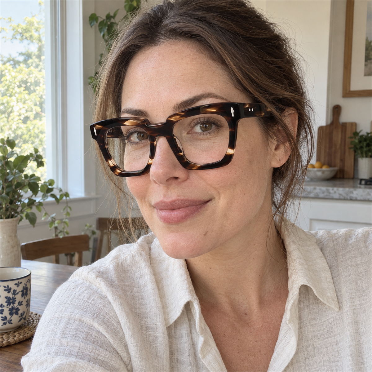 Greta tortoise acetate eyeglasses, lifestyle wearing photo