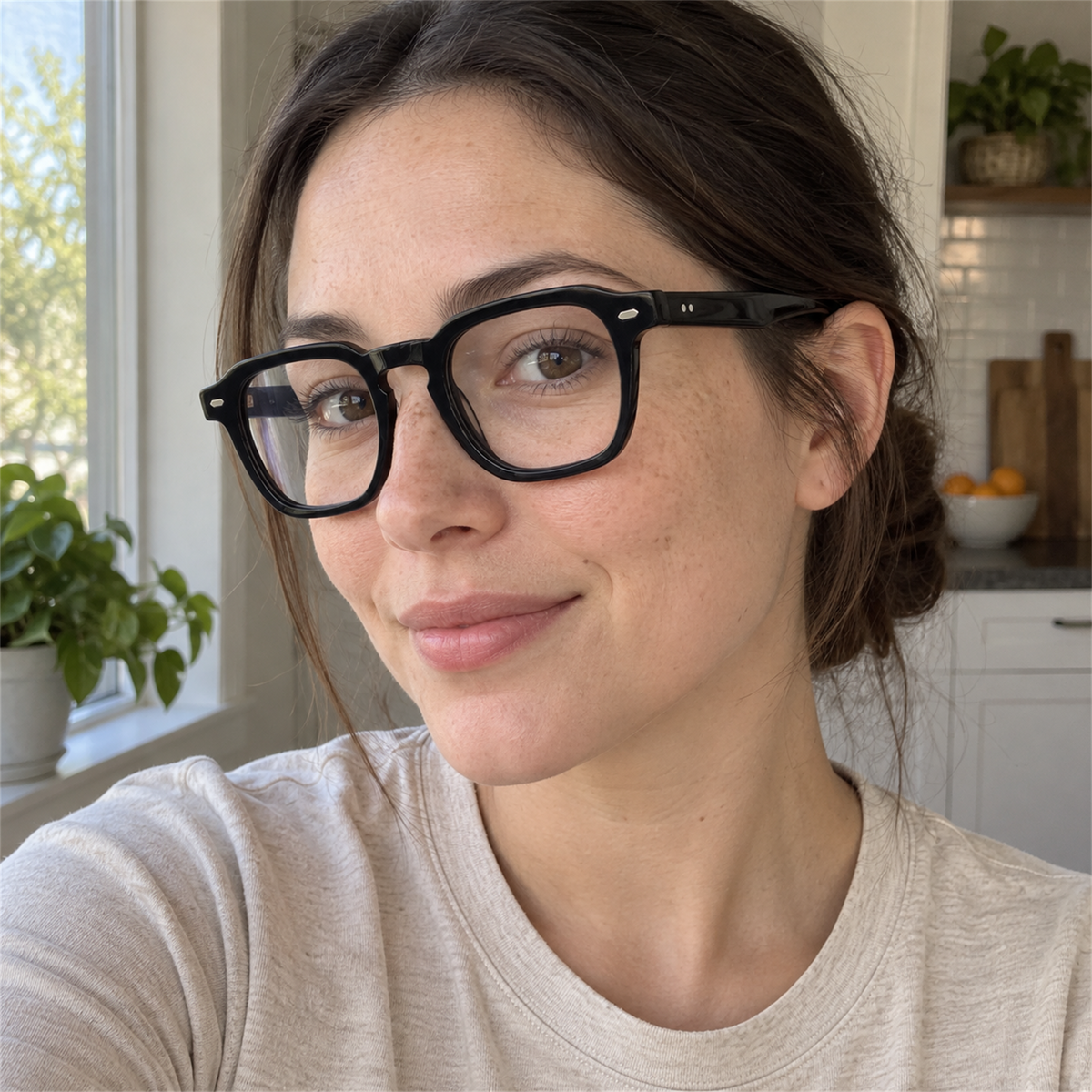 Nina black acetate eyeglasses, lifestyle wearing photo