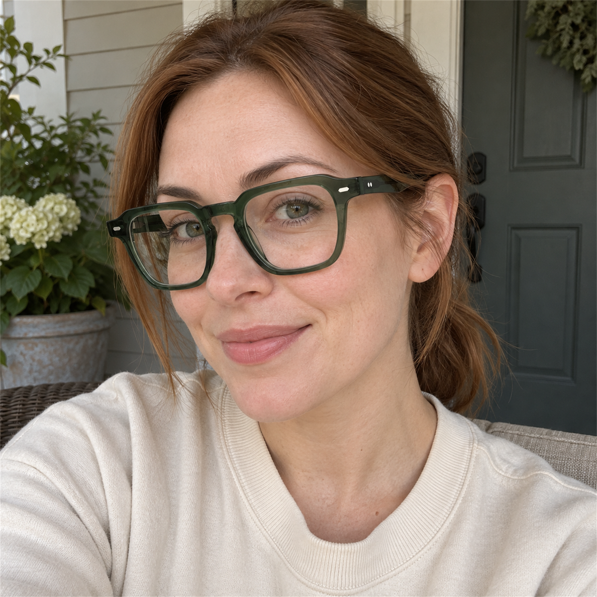 Nina forest green acetate eyeglasses, lifestyle wearing photo