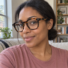 Nina tortoise acetate eyeglasses, lifestyle wearing photo