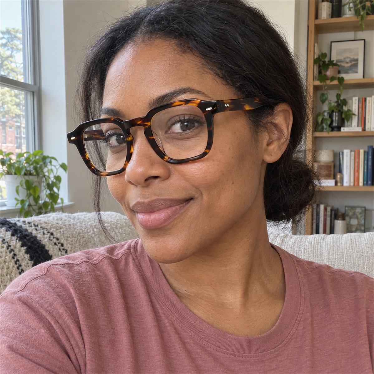 Nina tortoise acetate eyeglasses, lifestyle wearing photo
