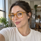 Elodie honey amber acetate eyeglasses, lifestyle wearing photo