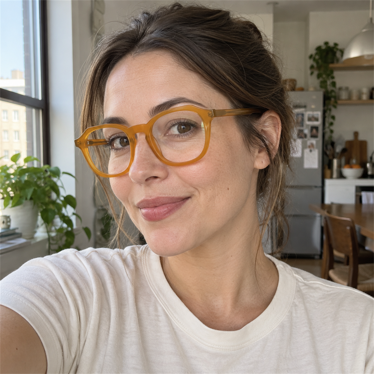 Elodie honey amber acetate eyeglasses, lifestyle wearing photo