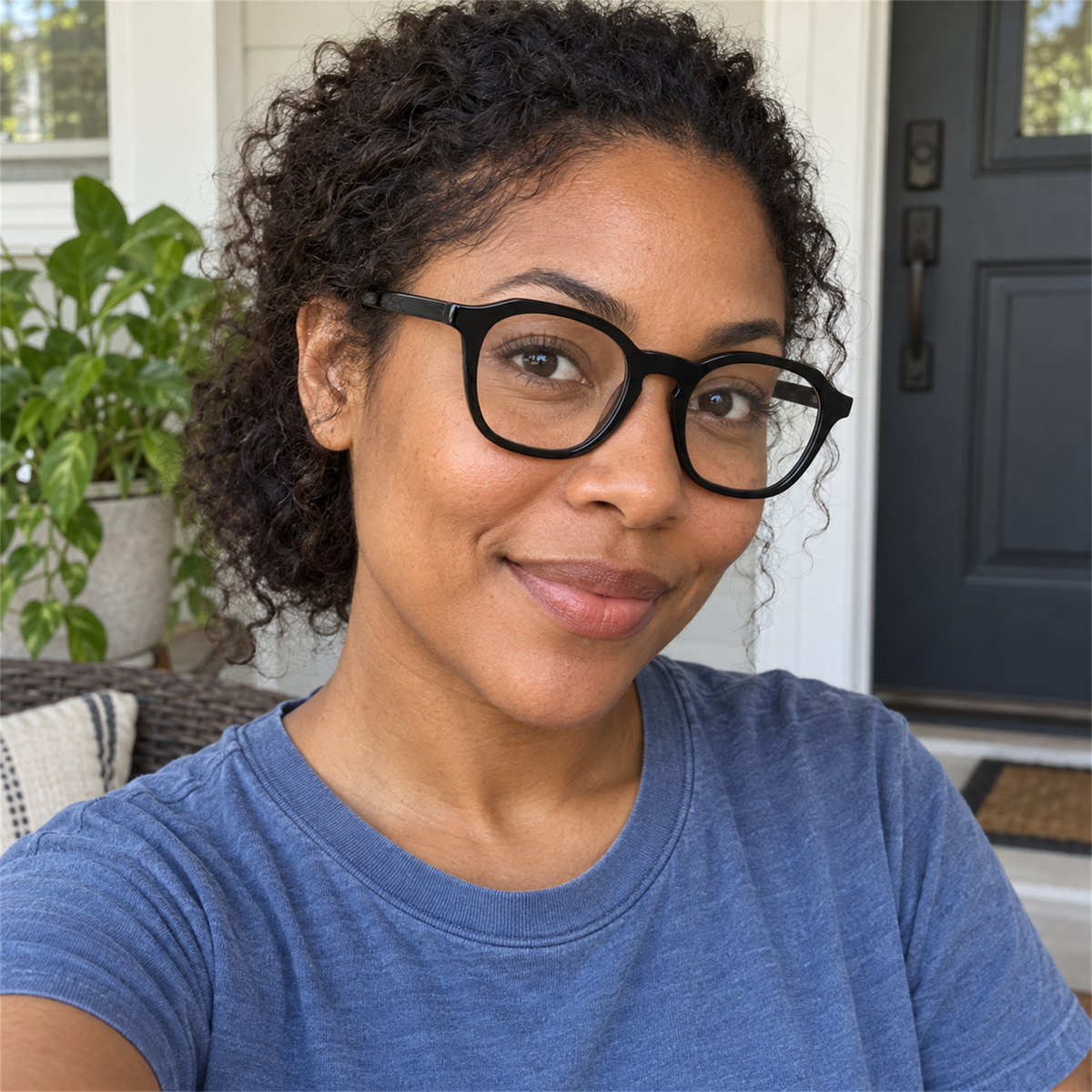 Elodie black acetate eyeglasses, lifestyle wearing photo