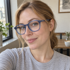 Elodie crystal blue acetate eyeglasses, lifestyle wearing photo