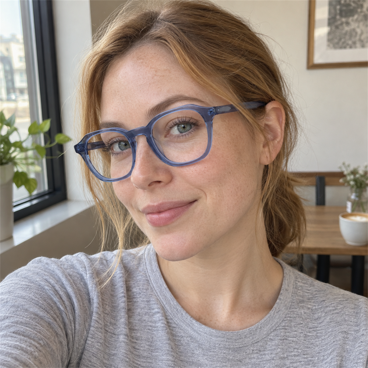 Elodie crystal blue acetate eyeglasses, lifestyle wearing photo