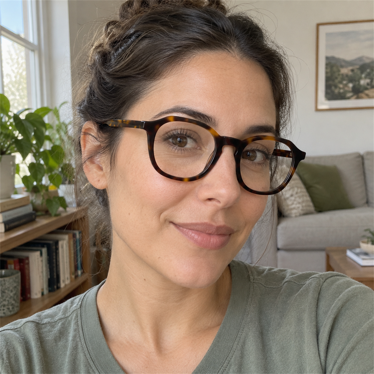 Elodie tortoise acetate eyeglasses, lifestyle wearing photo