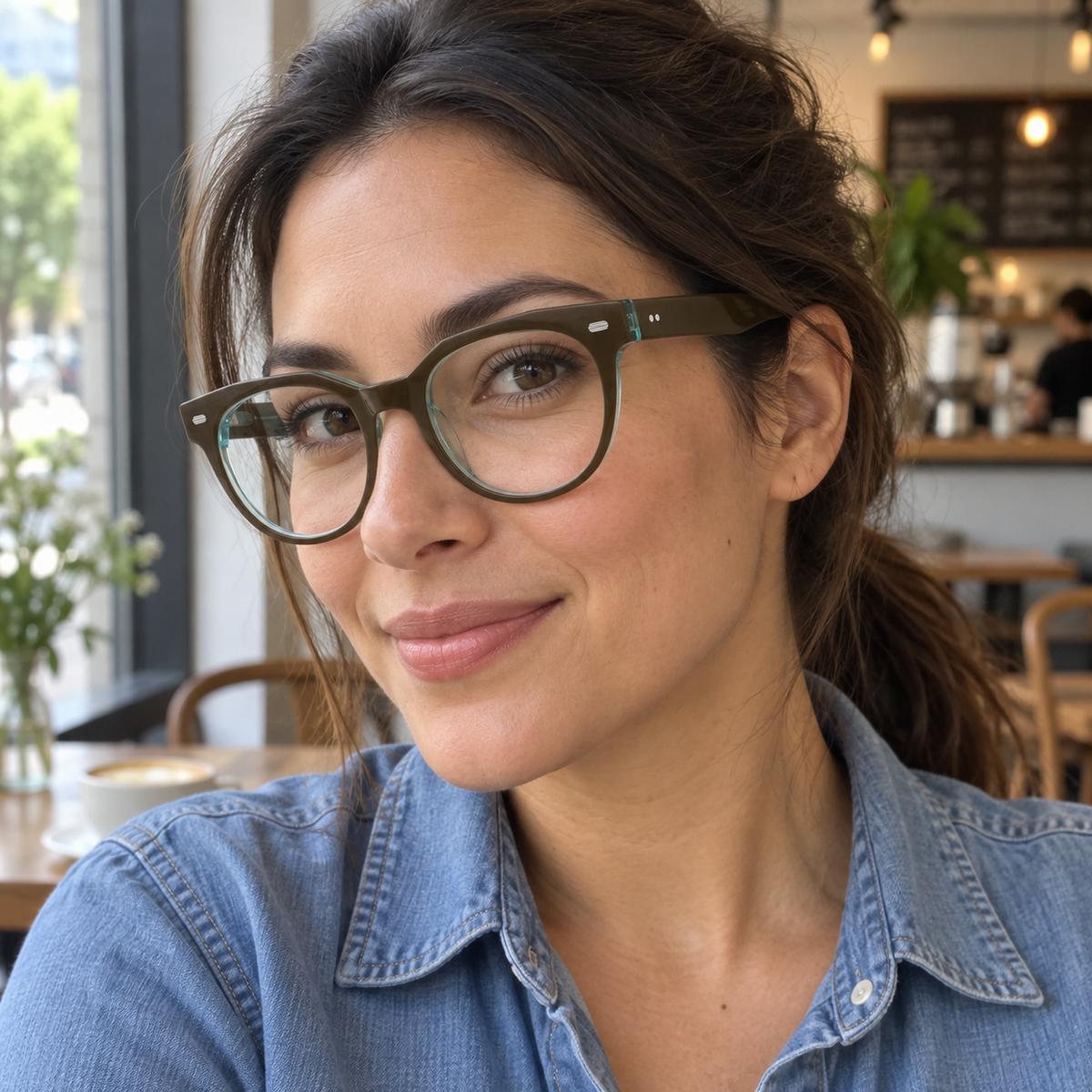 Helena dark brown acetate eyeglasses, lifestyle wearing photo