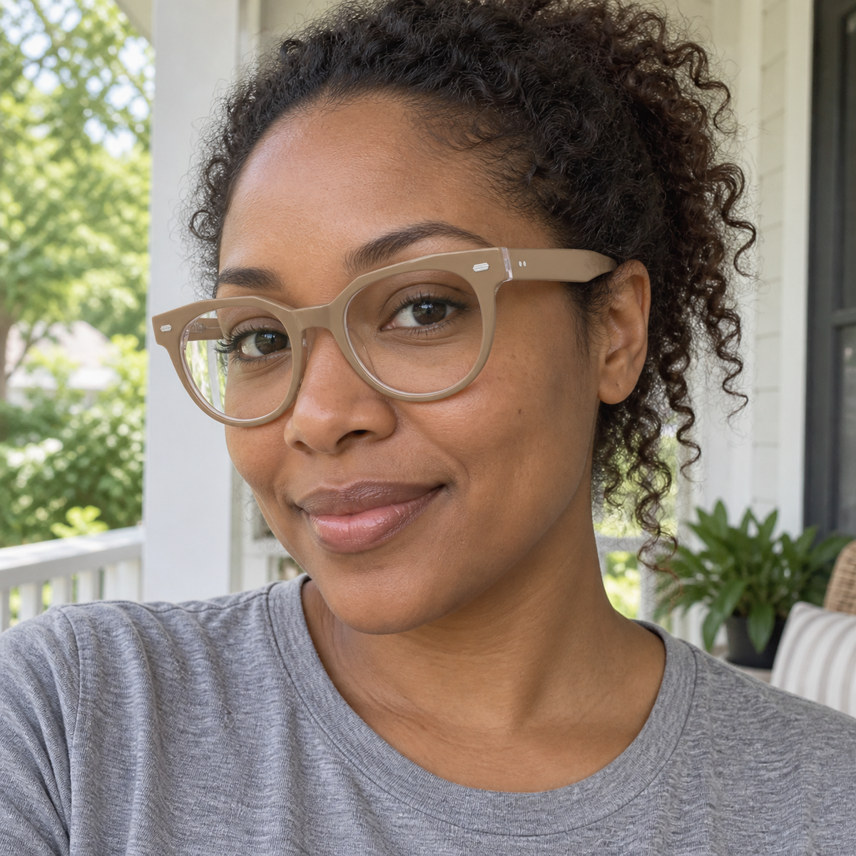 Helena crystal taupe acetate eyeglasses, lifestyle wearing photo
