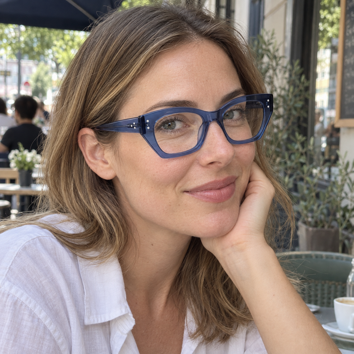 Viola slate blue acetate eyeglasses, lifestyle wearing photo