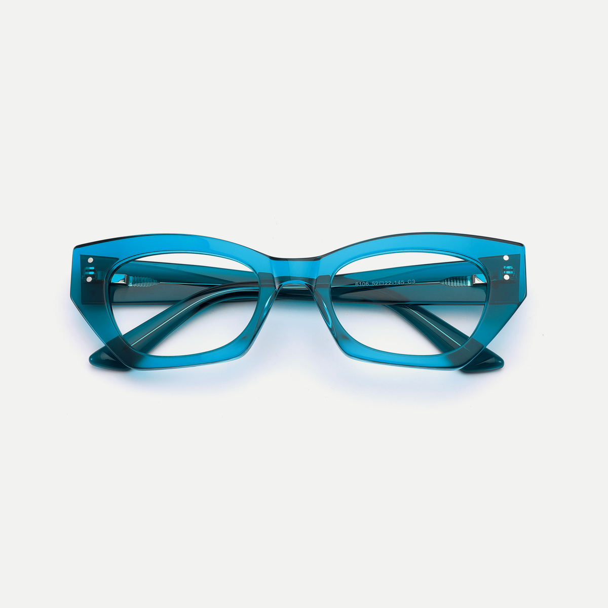Viola crystal turquoise acetate eyeglasses, inner temple detail