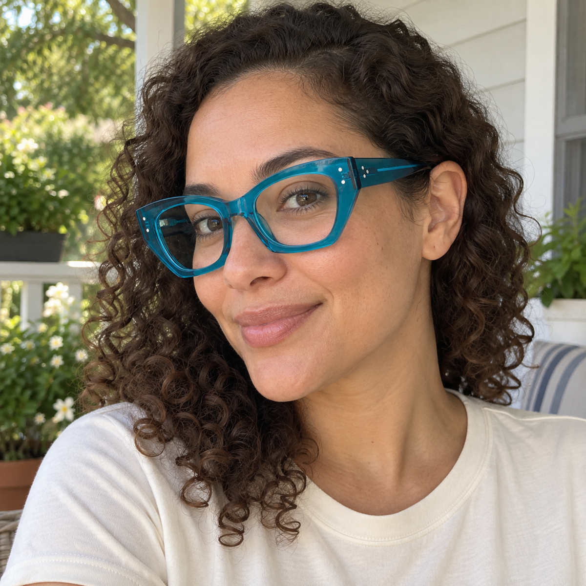 Viola crystal turquoise acetate eyeglasses, lifestyle wearing photo