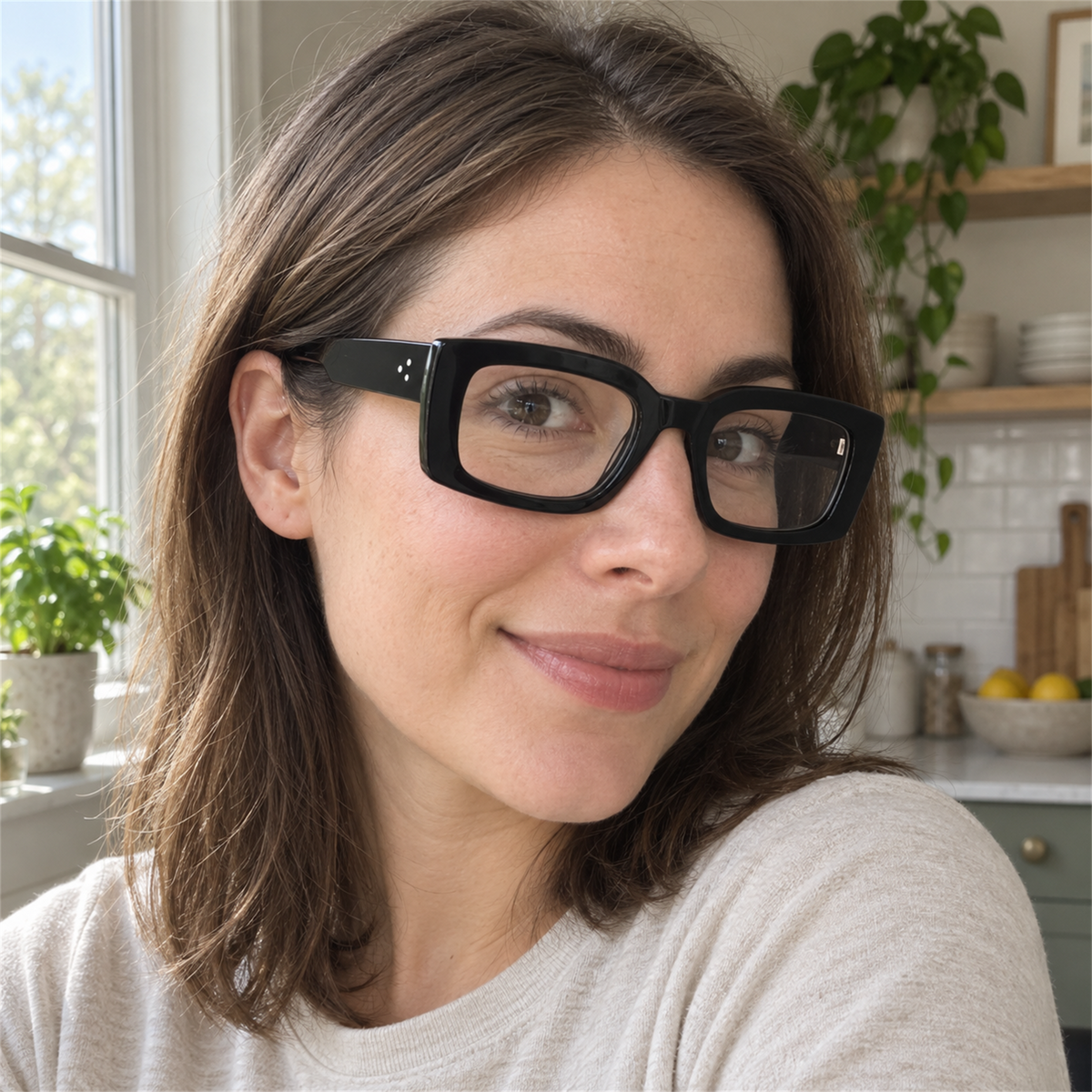 Thea black acetate eyeglasses, lifestyle wearing photo
