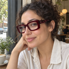Thea burgundy acetate eyeglasses, lifestyle wearing photo