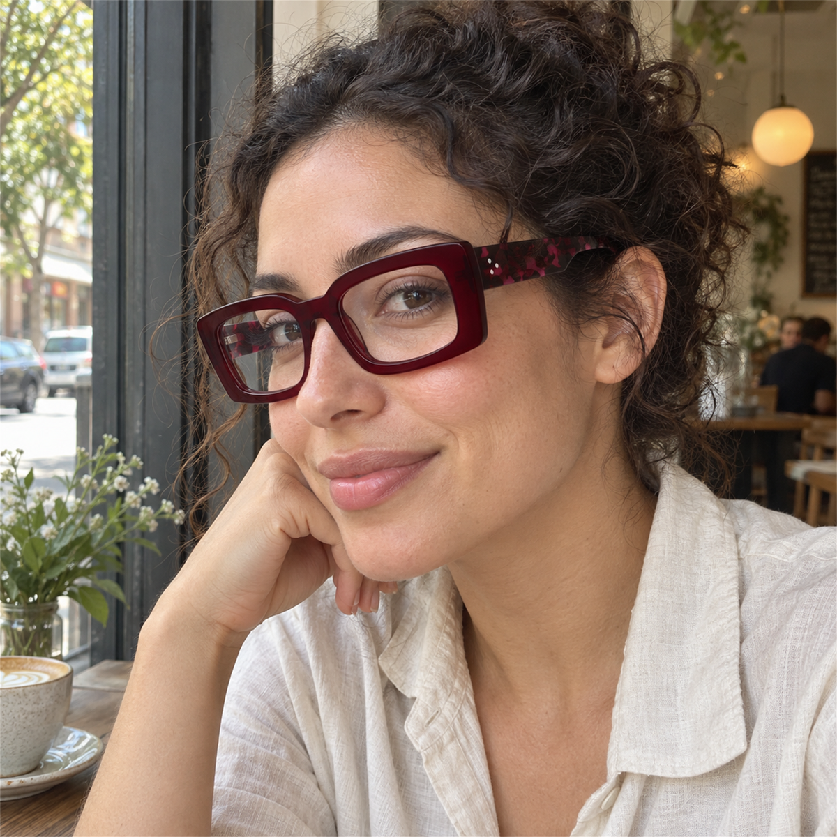 Thea burgundy acetate eyeglasses, lifestyle wearing photo
