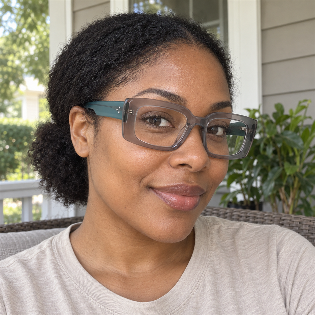Thea smoke gray acetate eyeglasses, lifestyle wearing photo