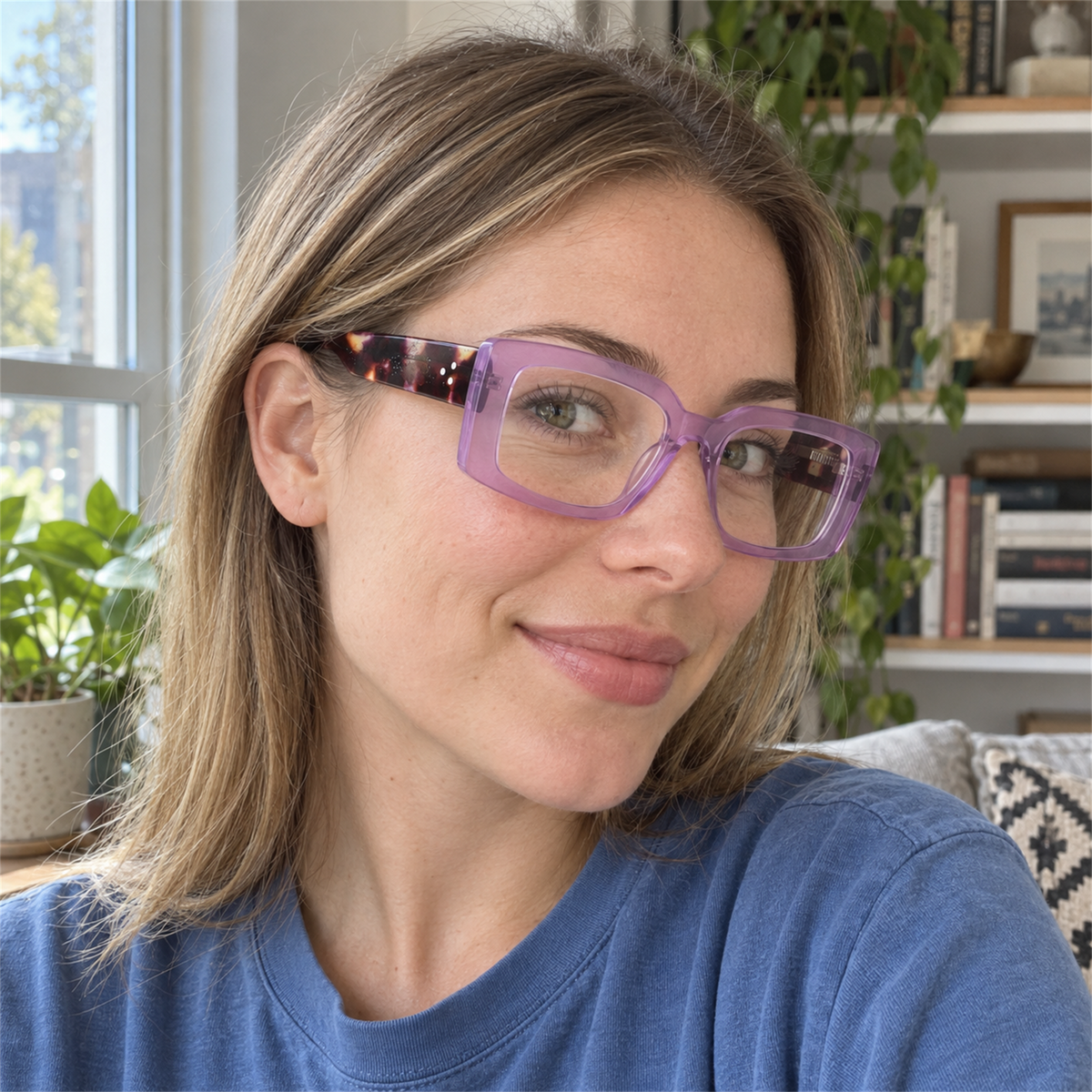 Thea purple acetate eyeglasses, lifestyle wearing photo