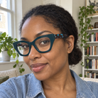 Daphne deep teal acetate eyeglasses, lifestyle wearing photo