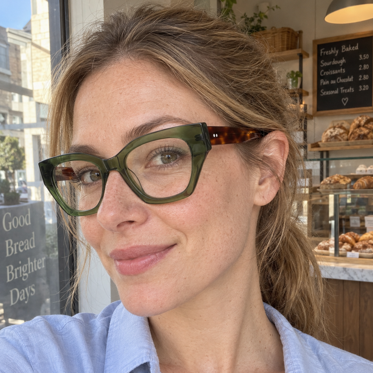 Daphne olive green acetate eyeglasses, lifestyle wearing photo