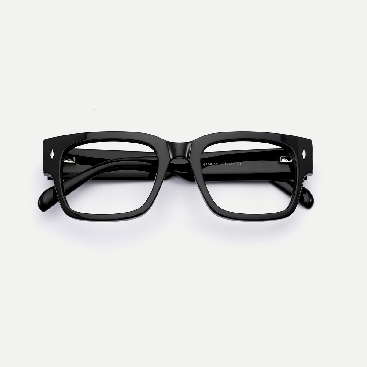 Ingrid black acetate eyeglasses, inner temple detail