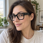 Ingrid black acetate eyeglasses, lifestyle wearing photo